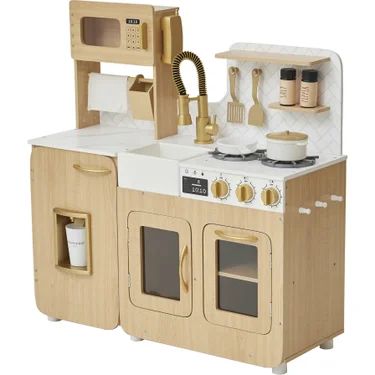 Little Chef Cyprus Medium Play Kitchen - Light Oak/White - Teamson Kids Play Kitchens | Maisonette Kid Chef, Wooden Play Kitchen, Kids Play Kitchen, Pretend Play Kitchen, Play Kitchen Sets, Marble Backsplash, White Marble Countertops, Marble And Gold, Toy Kitchen