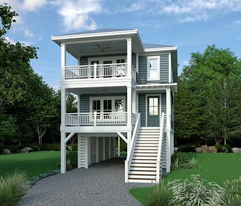 Allston Creek offers stunning beach house plans that are perfect for those looking to embrace coastal living. With spacious layouts, large windows to capture ocean views, and luxurious finishes, these house plans are designed to create the ultimate beachfront retreat for families and friends to enjoy. Elevated Homes Exterior, Narrow Coastal House Plans, Narrow Beach House Plans On Stilts, Missouri Houses, Small Coastal House Plans, Stilt House Plans Modern, House Stilts, Narrow Beach House Plans, Narrow Lake House Plans