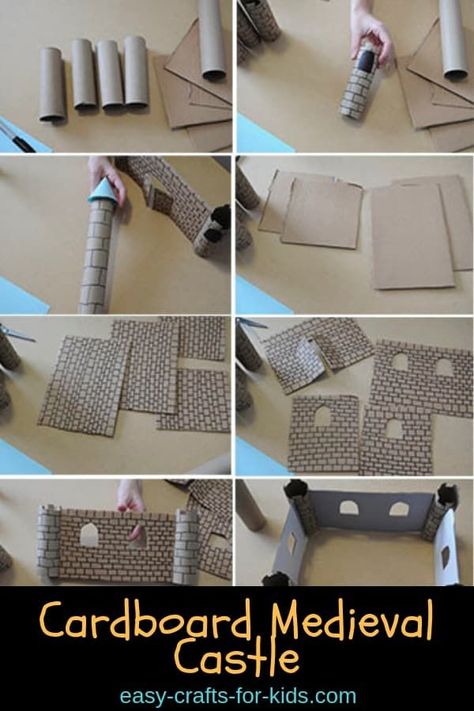 Recycle that old cardboard into some great Medieval crafts for kids. This cardboard medieval castle is so much fun to build and then use in imaginary play! Castle Art Projects, Paper Castle, Castle Crafts, Cardboard Crafts Kids, Castle Project, Cardboard Castle, Kids Castle, Medieval Crafts, Toy Castle