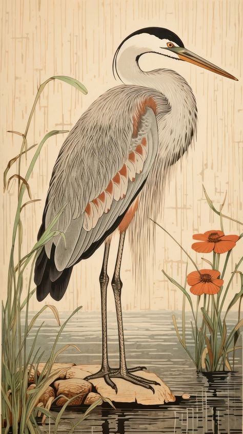 Traditional japanese stunning heron painting | Premium Photo Illustration - rawpixel Blue Heron Pictures, Vintage Crane Illustration, Heron Japanese Art, Vintage Bird Art, Japanese Crane Drawing, Love Birds Photography, Blue Heron Illustration, Japanese Bird Art, Japanese Crane Art