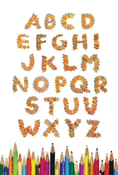 New Alphabet made out of pencil shavings for Graphic Design 2 at Notre Dame. Object Typography, Typography Objects, New Alphabet, Alphabet Photography, Pencil Shavings, Typography Alphabet, Scrapbook Printing, Scribble Art, Scrapbook Book