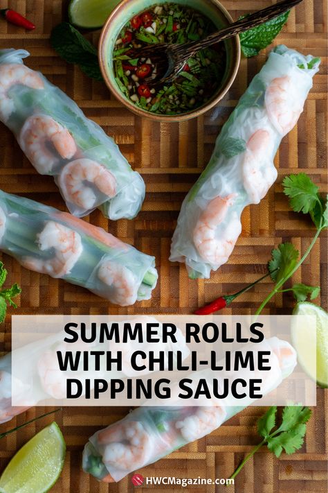 Summer Rolls with Chili-Lime Dipping Sauce is a fresh and bright appetizer or light main made with crisp rainbow vegetables, fresh herbs, shrimp, rice vermicelli noodles wrapped up in a gluten-free rice wrapper and served with a spicy prik nam pla dipping sauce. (Step By Step and VIDEO included) #summerrolls #vietnamese #vietnamesefood #shrimp #stuffed #glutenfree #dairyfree #rice #noodles #noodleswithoutborders #worldcuisine #howto #videos #videotutorial / https://www.hwcmagazine.com Rice Wrapper Recipes, Lime Dipping Sauce, Rainbow Vegetables, Rice Wrappers, Veg Momos, Asian Dipping Sauce, Shrimp Appetizer, Veggie Spring Rolls, Shrimp Rice