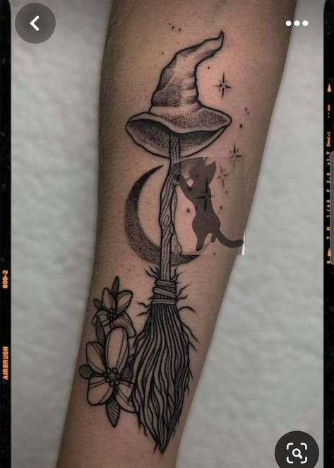 Witchy Broom Tattoo, Broom Stick Tattoo, Witches Broom Tattoo, Witch Broom Tattoo, Spell Book Tattoo, Fairytale Tattoo Ideas, Broomstick Tattoo, Broom Tattoo, Atrapasueños Tattoo