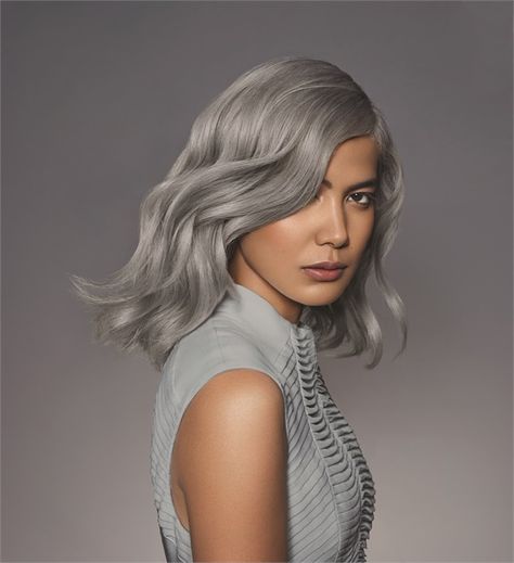 This stunning silver shade from Paul Mitchell balances fierce confidence and celestial dreams. The smokey, cool color on glamorous waves brings out a futuristic feeling. Smokey Silver Hair, Hairstylist Education, Wine Red Hair Color, Hair Color Silver, Color Melting Hair, Best Hair Color, Wine Red Hair, Ashy Blonde, Professional Hair Color