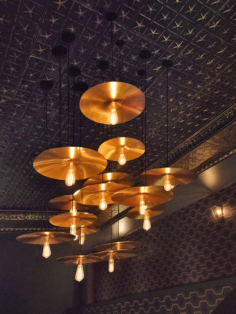 Cymbal Pendant | Lusive Lighting - Custom Lighting Lighting Music Studios Design, Decorating With Musical Instruments, Music Shop Interior, Gym Lighting Ideas Ceilings, Dark Music Room, Guitar Room Man Cave, Music Basement, Casa Rock, Jazz Drums