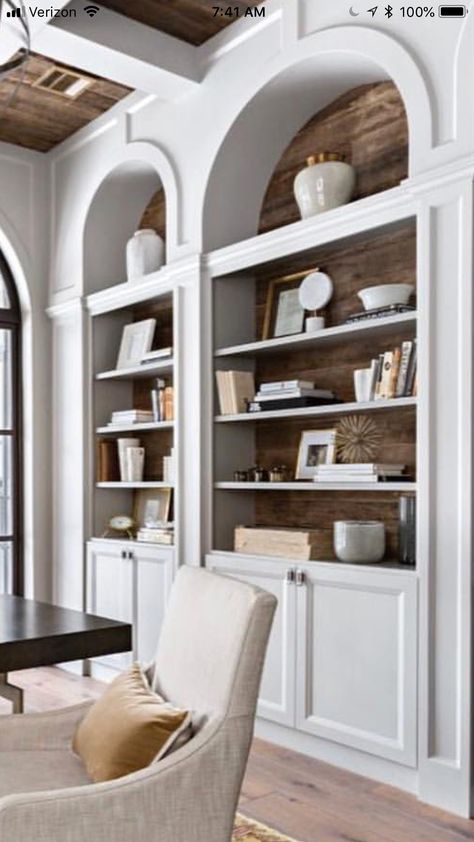 Bookcase staging Office Bookshelves Standing Shelves, Aesthetically Pleasing Bookshelves, Arched Library Wall, Arched Built In Bookcase, Arched Bookcase Built In, Arched Bookcase, Organization Office, Handmade Cabinets, Built In Shelves Living Room