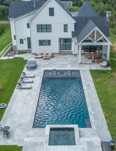 Pool With Tiles, Marble Pavers Around Pool, Grey Travertine Pool Deck, Pool With Pavers Around, Kelly Caron Designs, Pool Pavers And Coping, Pool Pavers Ideas, Pool Coping And Tile, Pavers Around Pool