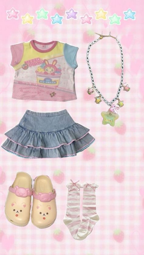 cutecore Summer outfit Kawaii Shirts & Tops, Pink Core Clothes, Simple Cutecore Outfits, Harakuju Outfit, Cutecore Summer Outfits, Cutecore Outfit Layout, Kawaii Core Clothes, Cutegore Outfit, Cute Core Outfits