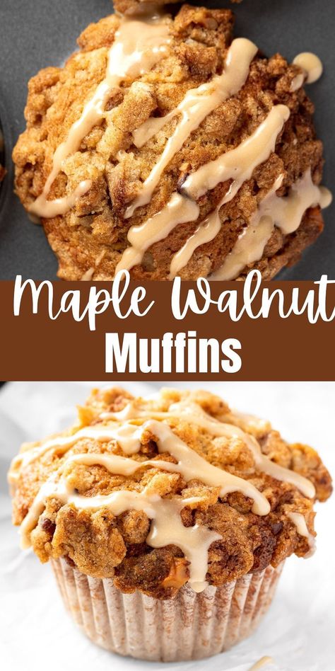 These maple walnut muffins are the best muffins to make for fall & winter. Crispy on the outside and soft on the inside. Made with brown sugar, cinnamon, maple syrup, vanilla and toasted walnuts. With a toasted nut streusel topping and drizzled with a sweet maple glaze for an extra-decadent breakfast recipe. Maple Pecan Muffins Recipe, Maple Nut Muffins, Oatmeal Walnut Muffins, Recipes With Pure Maple Syrup, Uses For Maple Cream, Cinnamon Walnut Muffins, Maple Brown Sugar Muffins, Quick And Easy Sweet Breakfast Recipes, Maple Brown Sugar Oatmeal Muffins