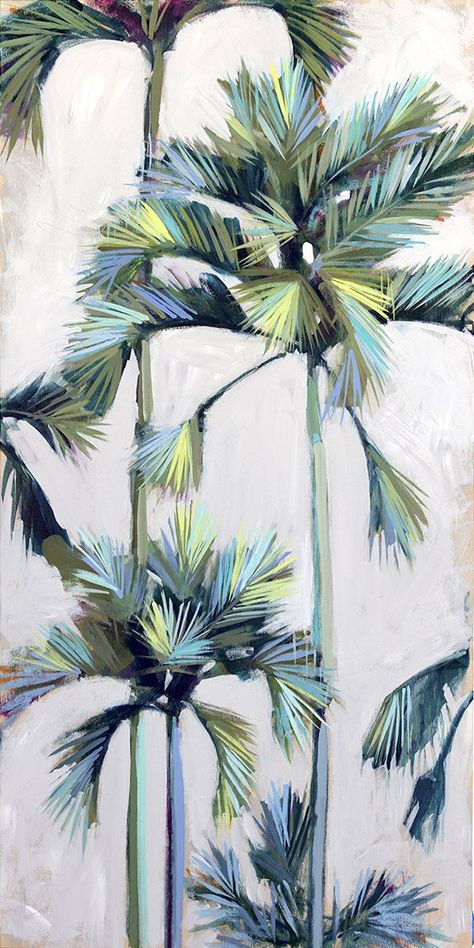 This lovely 18x36” acrylic painting on 1.5" wood panel will add a sophisticated, tropical vibe to your home. Reaching for the Sun is finished with a glossy resin to bring out its colors, add depth, and protect the image with a chic sheen. This painting has raw wood sides and comes wired, ready to hang. Horizontal Painting, Tropical Art Print, Tropical Painting, Palm Trees Painting, Square Painting, Tropical Wall Art, Tropical Art, Jolie Photo, Painting Art Projects