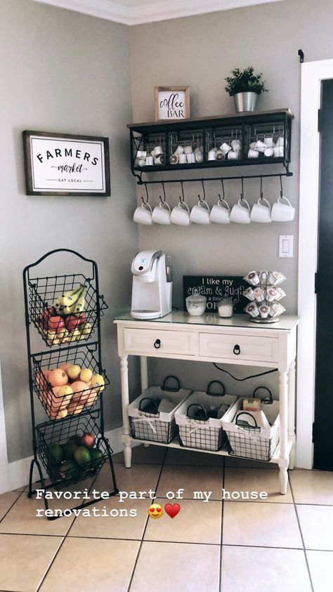 Kitchen Fruit Storage Ideas, Fruit Storage Ideas, At Home Coffee Bar, Coffee Bar In Kitchen, Coffee Bar Ideas Kitchen, Bar In Kitchen, Coffee Bar At Home, Coffee Bar Ideas Kitchen Counter, Bar At Home