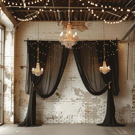 Premium Black Chiffon Ceiling Drapery | eFavormart.com Wedding Arch With Black Fabric, Bridal Shower Black Theme, Diy Curtain Backdrop, Wedding Curtain Backdrop, Nye 2024, Ceiling Drapery, Black Wedding Decorations, Curtain Backdrop, Backdrop Stands