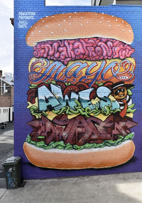 https://flic.kr/p/zP5pwt | Burger stack | Street art by Makatron, Mayonaise, Awes & Dvate Graphity Street Art, Burger Art, David Zinn, New York Graffiti, Graffiti Wallpaper Iphone, Pizza Design, Street Art Banksy, Street Wall Art, Urban Street Art