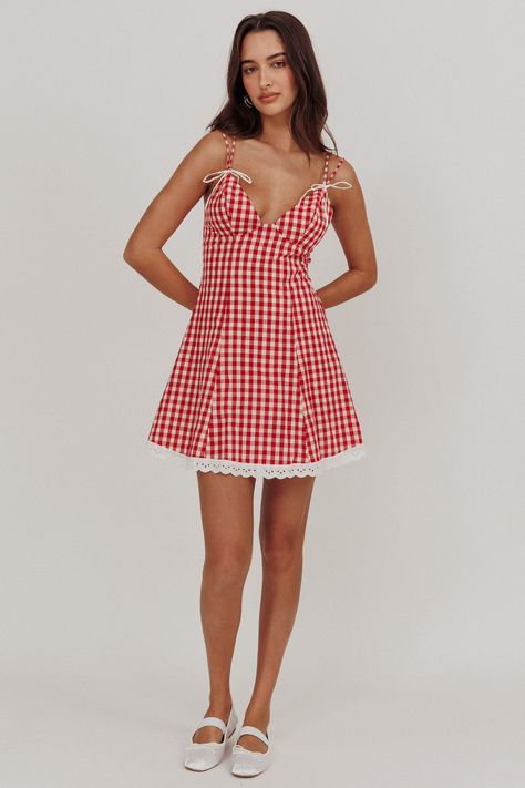 Noelle Lace Trim Mini Dress Gingham Red Red Checkered Dress, Lace Trim Mini Dress, Luke Combs, College Clothes, Mini Dress Red, Red Checkered, Checkered Dress, Checkered Print, Checker Print