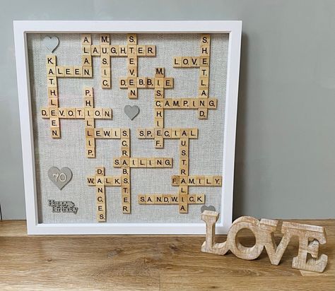 Scrabble Tile Gifts, Scrabble Tiles Diy, Wooden Letter Ideas, Scrabble Frames, Scrabble Art Frame, Teacher Retirement Parties, Sarah Jackson, Scrabble Frame, Scrabble Art