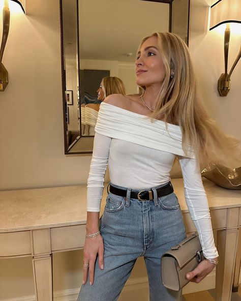 Effortless and chic spring outfit for my birthday dinner. This off the shoulder top stays up perfectly and comes in black too. It's so soft and comfy and I styled it with these jeans that I can't get enough. Tap to shop! Classic Date Night Outfit, Outfit For My Birthday, Bodysuit Black, Birthday Dinner, Off The Shoulder Top, My Birthday, Date Night Outfit, Spring Outfit, Date Night