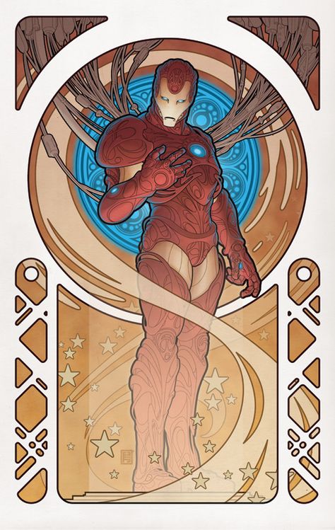 Superheroes in Art Nouveau Style: Iron Man by Johnny Tyler Christopher Alphonse Mucha, Art Deco Movie Posters, Design Art Nouveau, Art Geek, Iron Man Art, Art Nouveau Poster, Bd Comics, Geek Art, Comics Art