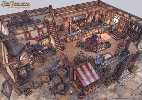 ArtStation - Blacksmith & Weapon shop Cutaway, (Roger) Mohamed Sidi El Moustaph Fantasy Blacksmith Shop, Fantasy Isometric, Interior Concept Art, Fantasy Shop, Dungeon Master's Guide, Blacksmith Shop, Dnd Stuff, Medieval Houses, Building Concept