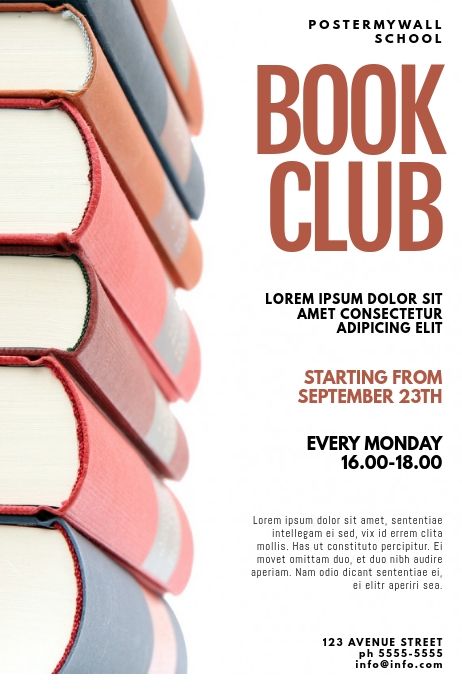 Book Club Flyer Design Template | PosterMyWall Book Release Flyer Design, Bookstore Flyer Design, School Club Flyers, School Club Flyer Design, Club Advertising Ideas, Book Flyer Design, Book Club Poster Ideas, Book Club Flyer Ideas, Book Advertisement Design