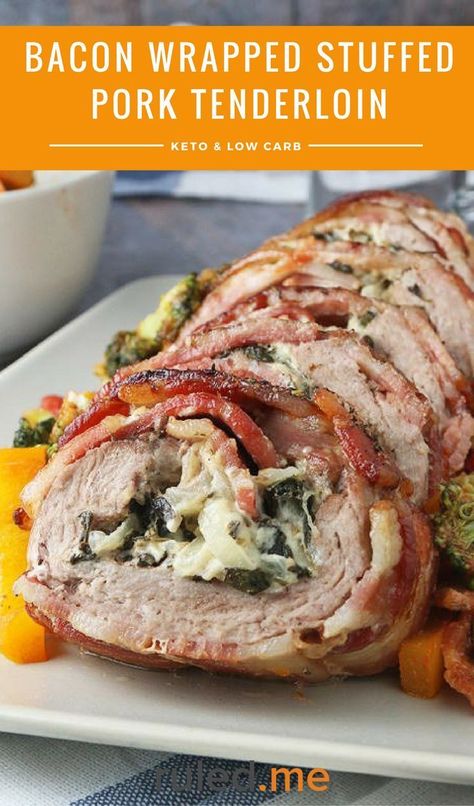 A bacon wrapped stuffed pork tenderloin great for a low carb or ketogenic diet meal. #ketodiet #ketorecipes #ketogenicdiet Keto Pork Tenderloin, Bacon Wrapped Cream Cheese, Bacon Wrapped Pork Tenderloin, Bacon Wrapped Pork, Thanksgiving Appetizer Recipes, Stuffed Pork, Pork Loin Recipes, Tenderloin Recipes, Pork Tenderloin Recipes