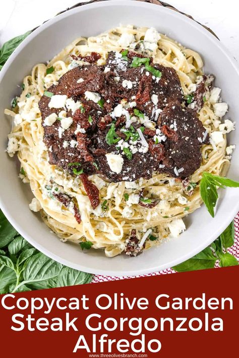 Make the restaurant favorite Copycat Olive Garden Steak Gorgonzola Alfredo at home! Creamy Parmesan alfredo fettuccine noodles with blue cheese, spinach, tomatoes, and balsamic steak. A delicious Italian beef pasta dinner! #copycatrecipes #olivegardenrecipes #alfredorecipes Steak Gorgonzola Alfredo, Gorgonzola Alfredo, Steak Alfredo, Alfredo Fettuccine, Steak Gorgonzola, Gorgonzola Pasta, Balsamic Steak, Copycat Olive Garden, Olive Garden Recipes