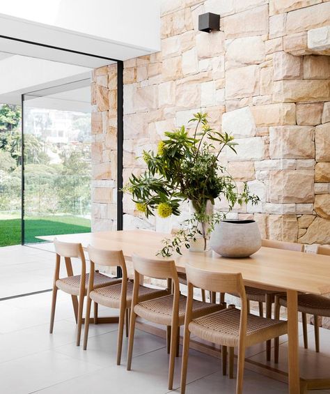 Formal Dining Room Sets, Stone Feature Wall, Sandstone Wall, Pavilion Design, Cottage Renovation, Melbourne House, Australian Homes, Dining Room Walls, Interior Projects