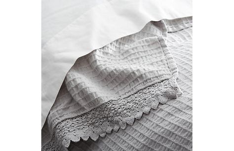 Shelly Romance Coverlet, Gray - Coverlets - Blankets & Quilts - Bedding - Bed & Bath | One Kings Lane Quilts Bedding, Lace Bedding, Lace Border, Eyelet Lace, Scalloped Lace, Quilt Bedding, Stylish Home, One Kings Lane, Duvet Cover