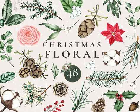 Watercolor Christmas Floral Clipart Christmas Flowers - Etsy UK Greenery Clipart, Winter Greenery, Winter Clipart, Winter Illustration, Winter Watercolor, Winter Floral, Clipart Christmas, Floral Clipart, Christmas Greenery