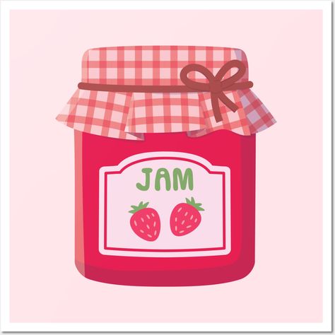 A classic bottle of strawberry jam with a label that has two strawberries and the word "Jam" with a red plaid pattern cover. -- Choose from our vast selection of art prints and posters to match with your desired size to make the perfect print or poster. Pick your favorite: Movies, TV Shows, Art, and so much more! Available in mini, small, medium, large, and extra-large depending on the design. For men, women, and children. Perfect for decoration. Strawberry Jam Illustration, Strawberry Jam Drawing, Jam Drawing, Print Cutouts, Strawberry Room, Jam Bottle, Strawberry Prints, Jam Toast, Strawberry Rhubarb Jam