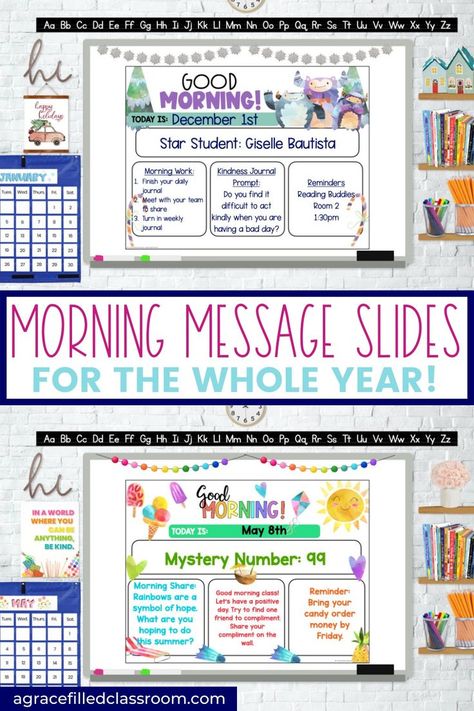 Two morning message digital slides Morning Meeting Board, Morning Work Classroom, Morning Message Kindergarten, Classroom Meetings, Morning Meeting Activities, Morning Board, Responsive Classroom, First Year Teaching, Morning Meetings