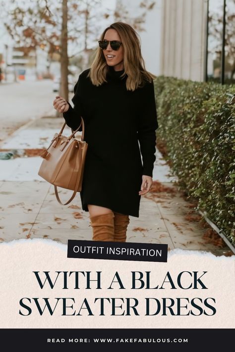 we’re ready to help you find the best black sweater dress outfit ideas! You can never go wrong by choosing our sweater dress outfit ideas. Plus, black is a versatile color.  #BlackSweaterDressStyle #SweaterDressOutfits #ChicSweaterDresses #WinterFashionFinds #CozyDressIdeas #ElegantKnitDresses #VersatileDressLooks #StylingSweaterDresses #ClassicBlackDress #TopSweaterDressOutfits Lbd Outfit Winter, Black Turtleneck Sweater Dress Outfit, How To Style A Black Sweater Dress, Short Dress Winter Outfit, Black Sweater Dress Outfit Winter, How To Style Sweater Dress, Black Knit Dress Outfit Winter, Black Sweater Dress With Boots, Sweater Dress Outfit Black Women