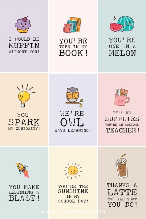 Are you looking for cute sayings for teacher appreciation handmade gifts, crafts and cards? This list of adorable puns will also give you some sweet craft ideas. They're short and sweet which makes them perfect for your projects. Great for preschool, kindergarten and older kids - Find them at A Visual Merriment | Words For Teacher, Thank A Teacher Quotes, Short Teacher Quotes, Teacher Gift Quotes, Teacher Thank You, Gift For Teacher, Thank A Teacher, Easy Teacher Gifts #teacher #appreciation Teacher Appreciation Quotes Funny, Teachers Day Card Quotes, Thank A Teacher Quotes, Caption For Teachers, Thank You Teacher, Thank You Card For Teacher, Teacher Appreciation Quotes Inspiration, Cricut Storage Ideas, Short Teacher Quotes