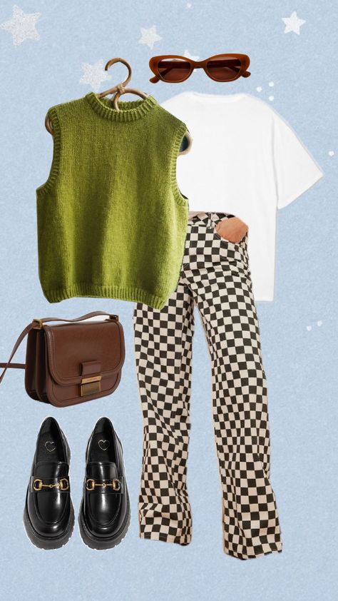 #outfit #lightblue #green #sunglasses Dewanda Wise Style, Cute Bookstore Outfits, Bright Green Jumper Outfit, Outfits With Personality, Outfits For Creatives, Sagittarius Dressing Style, Colourful Going Out Outfits, Chartreuse Top Outfit, Fun Color Outfit