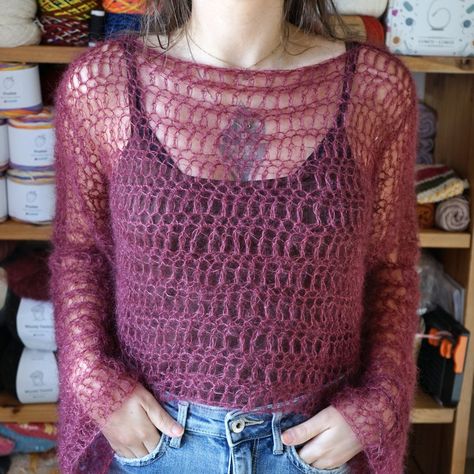 Welcome to my Ziva Mesh Top! This is a fluffy single-strand lace Mohair top with a straightforward construction, perfect for advanced beginners! It uses a single thread of lace Mohair yarn and a 10 mm crochet hook so it'll require a little bit of patience, but it'll be worth it, I promise! Cozy Hobbies, Mohair Top, Mesh Top Outfit, Summer Top Crochet, Crochet Sweater Free, Summer Layering, Top Crochet Pattern, Crochet Leg Warmers, Crochet Shrug Pattern