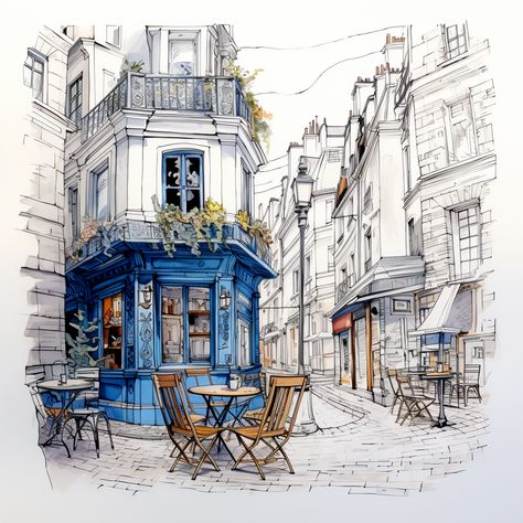 Sketches Of Cities, Drawing City Buildings, Watercolor Urban Sketching, Urban Sketching Beginner, Urban Sketching Watercolors, Cafe Drawings, Europe Drawing, Watercolour City, Blue Facade