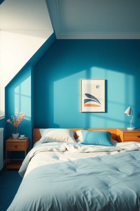 Transform your space with these 15 gorgeous blue bedroom ideas that will have you feeling relaxed and inspired. From beautiful blue lighting fixtures to soothing navy tones, there are creative concepts here for every style. Whether you're looking to add blues in subtle accents or want an all-out azure escape, these ideas cover everything you need. Explore options for bedding, wall colors, and accessories that make your dream bedroom a reality, offering a perfect blend of comfort and aesthetics that ties it all together you’ve always wished for. Blue Colour Palette For Bedroom, Bright Blue Bedroom Ideas, Sky Blue Bedroom Walls, Bright Blue Accent Wall, Bright Blue Bedroom, Bright Blue Walls, Bright Blue Bedrooms, Blue Feature Wall Bedroom, Accent Wall Colors Bedroom