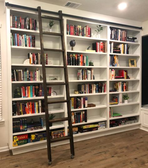 Sunroom Bookshelf, Farmhouse Library Room, Small Library Room Ideas Bookshelves, Sliding Ladder Bookshelf, House Library Ideas, Library Room Ideas Home, Home Library With Ladder, Library Wall In Living Room, Diy Glass Wall