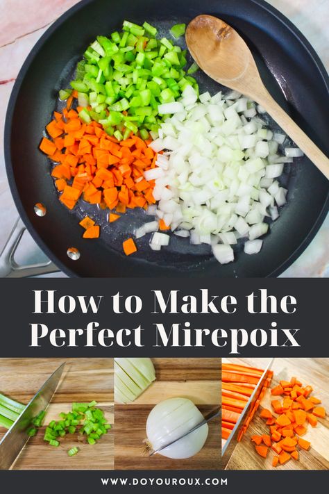 Take your cooking to the next level with my guide to making the perfect mirepoix! This classic French base of diced onions, carrots, and celery is a must-have ingredient for soups, stews, and sauces. It's an essential building block for countless recipes. It adds a rich depth of flavor and a balance of textures that makes dishes come alive. #mirepoix #carrots #celery #onions Onion Carrot Celery, Roasted Celery Recipes, Carrots Onions Celery Recipes, Carrot And Celery Recipes, Carrot And Celery Soup, Gravy Sauce Recipe, Roasted Celery, Carrots And Celery, Celery Recipes