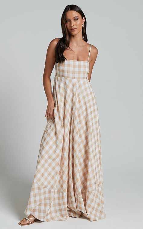 Step into the perfect balance of casual and chic with our Katrien Maxi Dress. This sleeveless, straight-cut dress is designed with an empire waist and flare silhouette to give you a figure-flattering look that's both comfortable and stylish. The beige and white check pattern adds a touch of sophistication to this versatile piece, making it ideal for any occasion. Whether you're heading out for brunch or attending a summer soirée, this midi dress will have you feeling confident and ready to take Maxi Sundresses, Autumn Sewing, Ranch Girl, Straight Cut Dress, Cotton Sundress, Cut Dress, Feeling Confident, Empire Waist Dress, Straight Neckline