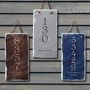 Slate sign for house numbers Slate Tile Crafts, Hallway House, Leftover Tile, Slate Shingles, Slate Roof Tiles, Slate Board, Slate Art, Painted Slate, Slate Signs