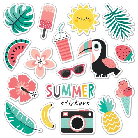 Set of colorful tropical summer stickers toucan blush mint. Photo about mint, badge, cute, patch, palm, flower, cream, hawaiian, element, hawaii, pink, pineapple, leaves - 116448417 Summer Stickers