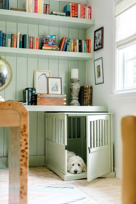 Home Office Dog Room, Living Room Dog Crate, Sage Green Bookshelf, Office Dog Room, Dog Playroom, Green Bookshelf, Built In Dog Bed, Southwest Interior Design, Southwest Interior