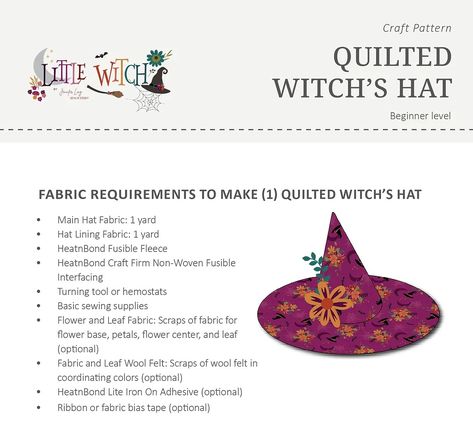 Quilted Witch's Hat Pattern Quilted Witches Hat Pattern, Free Witch Hat Pattern, Quilted Witch Hat, Witch Hat Sewing Pattern Free, Witches Hat Pattern, 3d Fabric Flowers, Witch Hat Pattern, 3d Fabric, Start Sewing