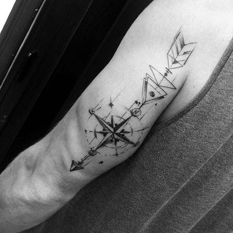 Male Geometric Arrow Tattoo Design Inspiration Arm Tattoos, Geometry, Tattoo Designs, Compass, Tattoos, Arrow Tattoo, Compass Tattoo, Arm Tattoo, Geometric Tattoo