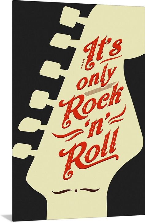 Metal Print entitled Its Only Rock N Roll.  Multiple sizes available.  Primary colors within this image include Peach, Burgundy, Dark Gray.  Made in USA.  All products come with a 365 day workmanship guarantee.  Inks used are latex-based and designed to last.  Canvas is a 65 polyester, 35 cotton base, with two acrylic latex primer basecoats and a semi-gloss inkjet receptive topcoat.  Canvas frames are built with farmed or reclaimed domestic pine or poplar wood. Rock N Roll Aesthetic, Music Signs, Music Party, Vintage Graphic Design, Tshirt Ideas, Canvas Frames, Ibis Paint, Poplar Wood, Vintage Graphics