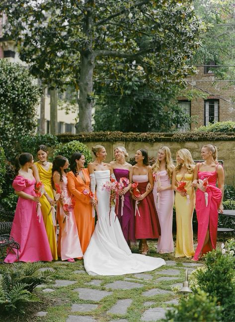 Sunset Mismatched Bridesmaid Dresses, Random Color Bridesmaid Dresses, Sunset Color Theme Wedding, Desert Sunset Wedding Colors, Sunset Bridesmaids Dresses, July Wedding Bridesmaid Dresses, Bridesmaids Sunset Colors, Bridesmaid Bright Colors, Red Orange Pink Yellow Wedding