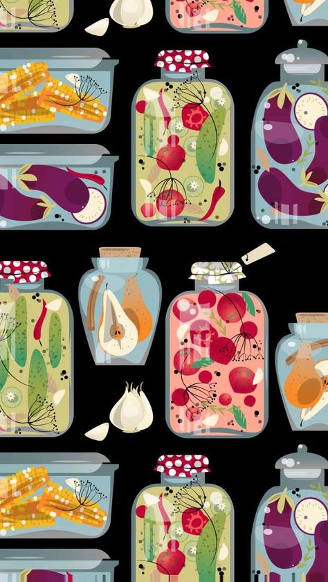 Preserved Vegetables, Illustrated Packaging, Vegetable Illustration, Drawing Projects, Exotic Fruit, Food Illustrations, Ceramic Plates, Vintage Graphics, Glass Jars