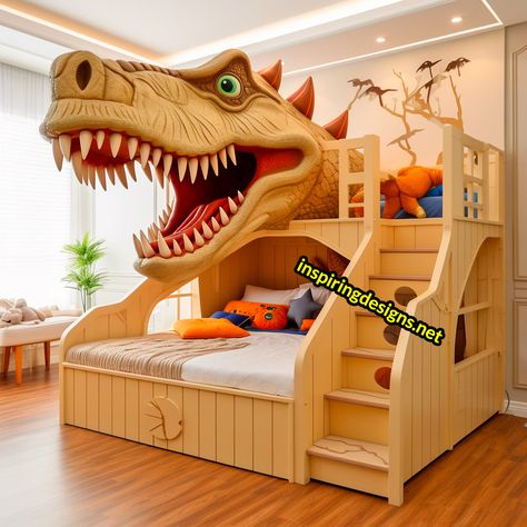 These Giant Dinosaur Shaped Bunk Beds Turn Sleepovers into Dino Adventures – Inspiring Designs Boys Dressers, Dinosaur Bed, Kids Bed Design, Dinosaur Bedding, Giant Dinosaur, Dinosaur Bedroom, Dinosaur Room, Boys Nursery, Playroom Design