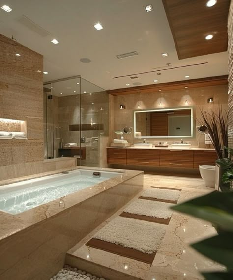 Big Fancy Bathroom, Modern Bathroom Design With Jacuzzi, Walk In Shower Aesthetic, Big Bathroom Aesthetic Luxury, Aesthetic House Interiors Bathroom, Aesthetic Big Bathroom, Big Master Bathrooms Luxury, Big Bathroom Aesthetic, Rich House Inside