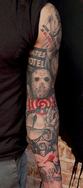 If I ever were to get a sleeve tattoo, this would be it. Pure Horror Genius!i love this style Halloween Sleeve, Halloween Tattoos Sleeve, Horror Movie Tattoos, Movie Tattoo, Movie Tattoos, Tattoos Skull, Halloween Tattoo, Trash Polka, Full Sleeve Tattoos